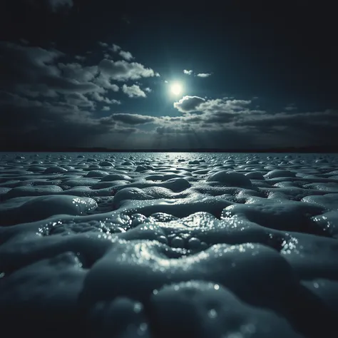 showcase foam, foam forming on surface on night lake, ominous, spooky, horrolm, cinematic, overwhelming, unknown, intense, foam seems almost sentient, dark presence foam, foam art, dim night, darkness, abyss, only light source creepy moonlight reflection s...