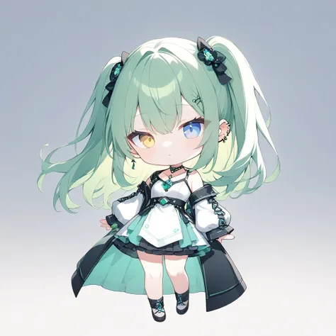 (((anime))),pastel one woman,chibi,whole body,gal,long hair,(green hair),diagonal bang piercing,necklace,(jade gemstone),look he...