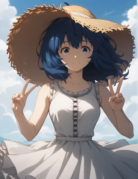 Score_9, Score_8_up, Score_7_up, source_anime, annayanami, annayanami, medium hair, blue eyes, ahoge, blue hair, medium breasts, white dress, lace dress, v neck dress, sleeveless, straw hat, dress skirt, frill dress skirt, summer morning, refreshing smile,...