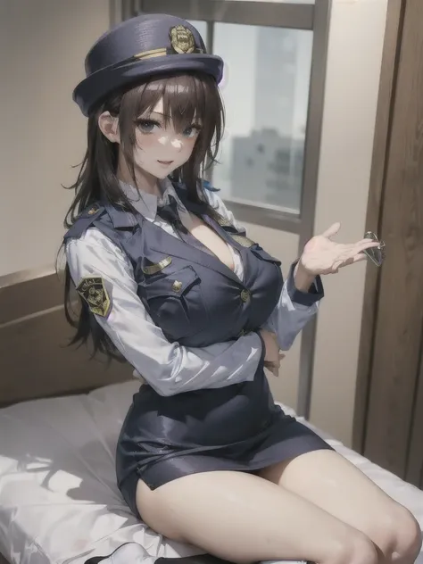 ((Best Quality)), ((masterpiece)), (detailed), One Girl,Private Server,Model body type,Police Officer,Big Breasts,(Short skirt),(Open Chest Button),((Black knee-high socks)),woman,(Mischievous Appearance),((Excited expression)),Viewer attention required,Ns...