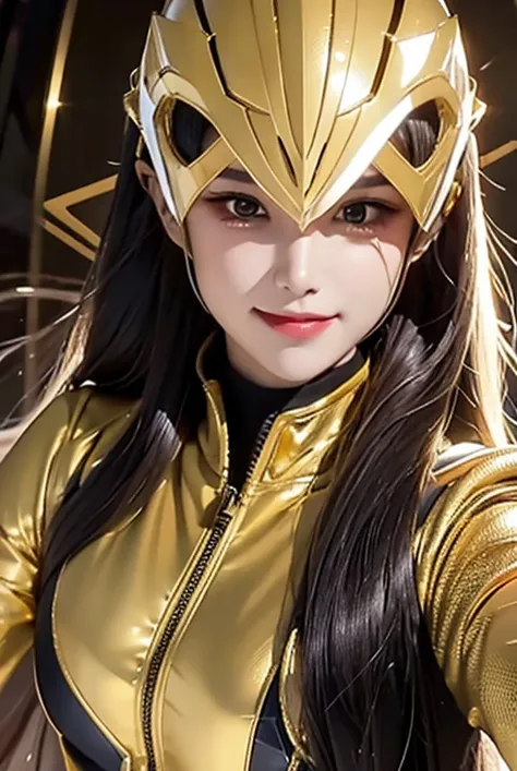 A woman smile, gold ranger suit, as she power rangers golden, helmet mask, long hair, high detailed, realistic, gloves, ultra realistic, ((full face helmet)), glasses on eyes