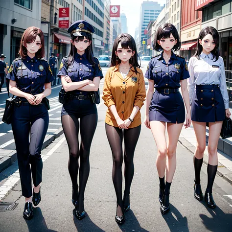 4girls, korean, kpop idol, beautiful face, each girl has different hairstyle, police uniform, looking at viewer, masterpiece, hi...