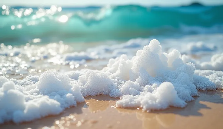 A captivating scene centered on the theme of "Foam," featuring soft, airy bubbles rising from the surface of the ocean as waves crash against the shore. The sunlight catches the foam, creating delicate rainbows and shimmering reflections. (Foam: 1.8). The ...