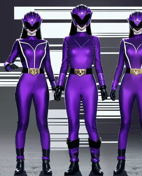 A woman dark purple rangers, dark purple ranger suit, as she power rangers dark purple, full body , helmet mask, long hair, high detailed, realistic, gloves, ultra realistic, ((full face helmet)), black shield sunglasses on eyes, smart black sunglasses 