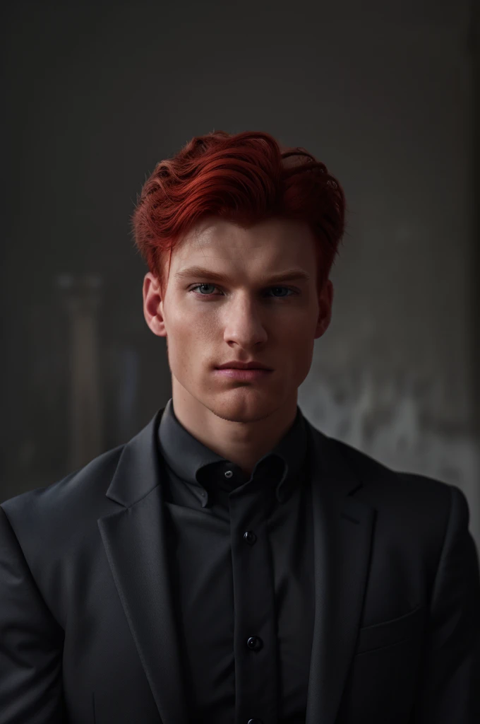 A man with vibrant red hair, hyperrealistic, extremely detailed face, piercing eyes, sharp nose, full lips, chiseled jawline, wearing a tailored suit, standing in a dimly lit room, dramatic lighting, moody atmosphere, realistic textures, photorealistic, 8k...