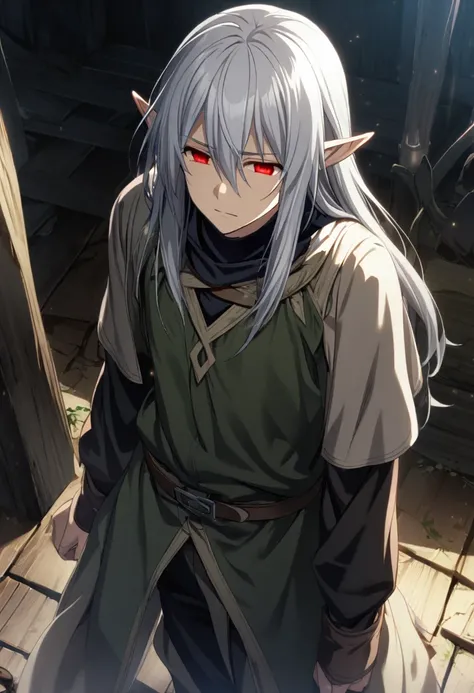 1 boy, silver hair, long hair, red eyes, lifeless eyes, dark elf, male elven clothing, CG