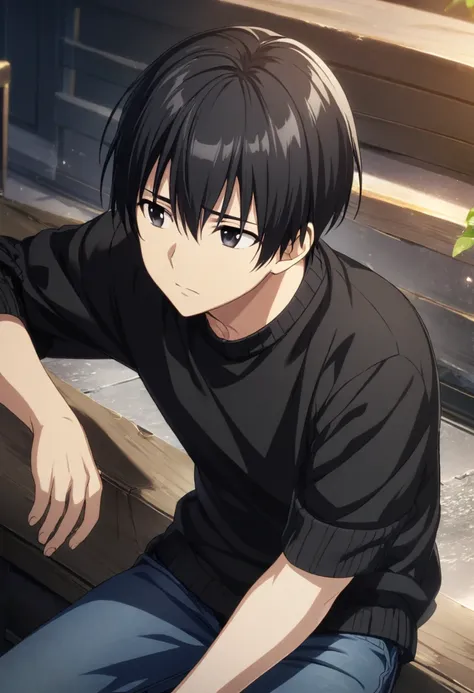 1 boy, boy, alone, black hair, short hair, black eyes, white shirt, black sweater over shirt, jeans, half body, CG