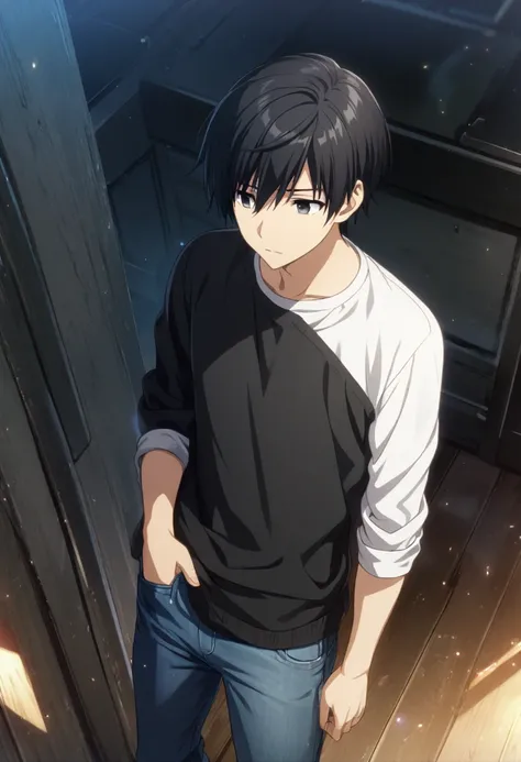 1 boy, boy, alone, black hair, short hair, black eyes, white shirt, black sweater over shirt, jeans, half body, CG