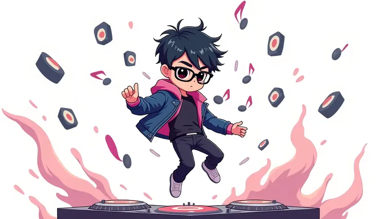 chibi 2d style anime full body shot of handsome Asian male DJ, trendy crew hair cut high light, wearing black fashion glass in hair, wearing cool DJ metal mix colonel fashion costume, leather jacket, dynamic floating posing, lying in mid-air, floating in t...