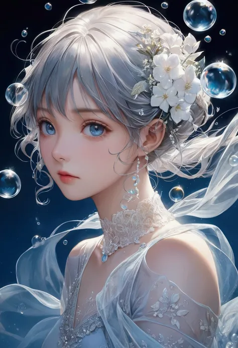 ( Exactly correct anatomy for perfect fingers ) Thick transparent flowing water, delicate foam, transparent bubbles and tiny frost, tiny petals condensed with the water flow to form the dress of a charming and beautiful girl(close up)The girl&#39;s facial ...