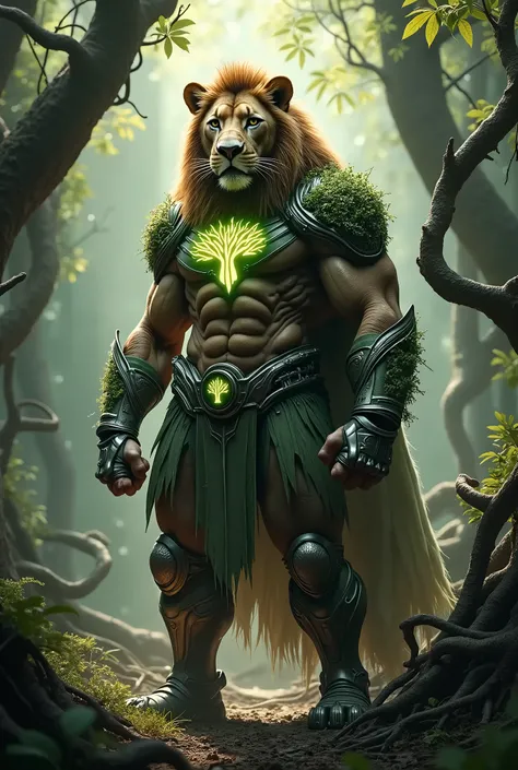 Feral Lion-Human Guardian in a Wild, Untamed Forest: A ferocious lion-human hybrid, with a lion’s head, human body, and fur along its muscular arms and legs, is standing in a wild forest, surrounded by thick trees and tangled roots. The superhero costume i...