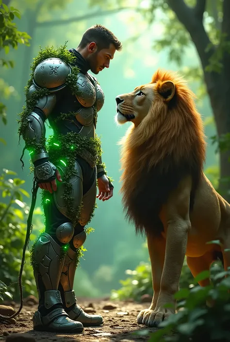 The scene takes place in a vibrant, lush forest. On one side stands a muscular human, adorned in a biomechanical superhero suit that combines organic vines with glowing metal plates. His armor glows faintly green, reflecting the natural surroundings, and h...