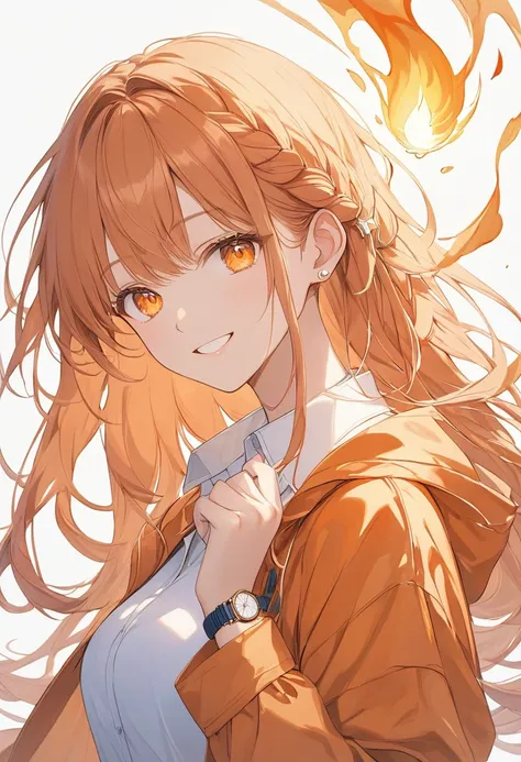 A smiling woman,pastel,smile,happiness,Orange base,Orange eyes,Shining Eyes,Orange Hair,Long Hair,Braided on the side,A worn out orange coat,White shirt,Red Skirt,The background glows orange,pale,Shining Flame,Backlight,A masterpiece held in both hands,Bes...