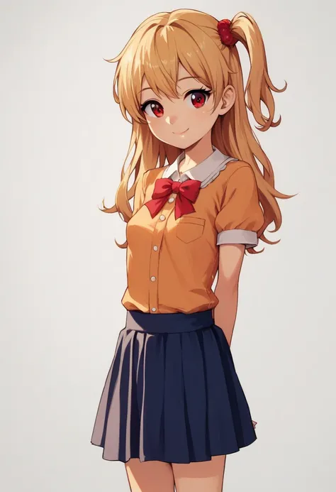 best quality, masterpiece, highres, score_9, score_8_up, score_7_up, source_anime, BREAK, cute, bright, solo, 1girl,blond hair, side  ponytail, long hair, red eyes, child, 10yo, petite,smile,small breasts,blouse, skirt,[[[[[pregnant]]]]], nsfw, white backg...