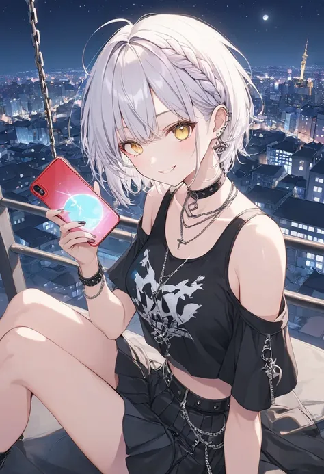 A smiling woman,pastel,smile,happiness,Punk rock look,Yellow Eyes,Shine目,White Hair,Short Hair,Braided on the side,Red dropped shoulders,Black sports bra,Black Skirt,Chain attached,The background is a night city,pale,Shine,Have a smartphone,A one-handed ma...