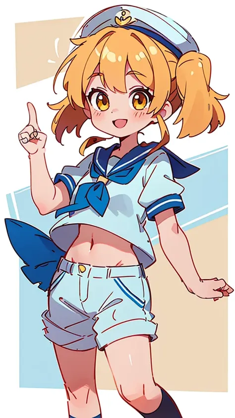 Twin-tailed golden-haired girl in sailor suit, Visible navel, Wear a hat and pants.a drawing of an anime character, clean line drawings, ultra cute girl, ultra cute face, ultra detailed eyes, ultra detailed hair, ultra cute, ultra beautiful, ((high end)), ...