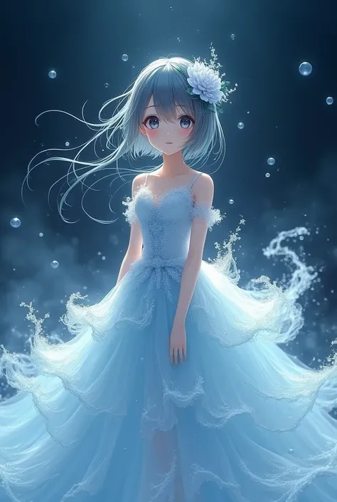 ( Exactly correct anatomy for perfect fingers ) Thick and transparent flowing water with more detailed foam splashes(Highly dynamic)Transparent bubbles and tiny frost petals condense with the flow of water to form a dress. The dress is worn by a charming a...