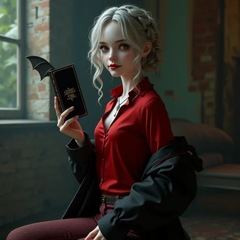  masterpiece, photorealistic, video game, horror, Ultra HD, 16 thousand., complex details, maximum detail, beautiful vampire girl with porcelain white skin, with curly ash-colored hair braided into a complex hairstyle at the back of her head, with unnatura...