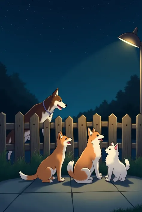 Illustration of dogs talking through a fence。
・Border collie on the inside of the fence ・Shiba inu on the road side、Maltese、Pomeranian at night I would like a simple anime style design。

