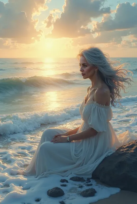 A mature woman with a serene and wise expression is sitting near the sea at sunset. She is wearing a flowing dress that harmoniously blends with the foam of the ocean gently crashing onto the shore. The foam extends in soft waves around her, creating an et...