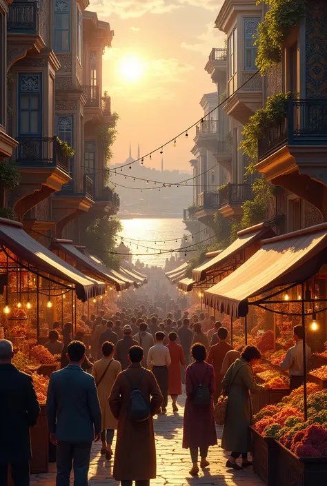 A vibrant street in Istanbul, bustling with diverse people. Historic architecture with intricate tiles, vivid market stalls, golden sunset illuminating the Bosphorus, art nouveau style, warm colors blending.