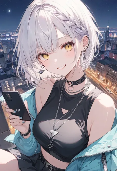 A smiling woman,pastel,smile,happiness,Punk rock look,Yellow Eyes,Shine目,White Hair,Short Hair,Braided on the side,Red dropped shoulders,Sports bra,Black Skirt,Chain attached,The background is a night city,pale,Shine,Have a smartphone,A one-handed masterpi...