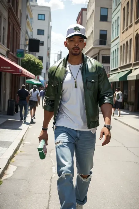 Create a realistic image of Will Smith dressed as CJ from GTA: san andreas. He must be wearing a white t-shirt, baggy jeans and a green cap. The image must have an urban environment in the background, like streets and buildings. Will Smith&#39;s features s...