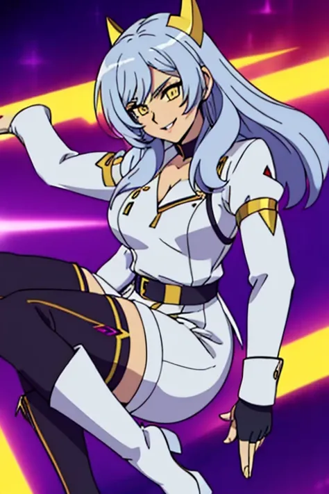 female, white long hair, yellow eyes, (((1girl))), (((silver romper with gold trim))), (black miniskirt), (black belt), (black fingerless gloves), (thigh heeled boots), cute and sexy, full body, big breasts, long legs, smiling