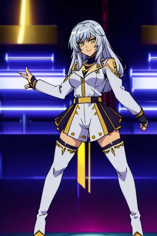 female, white long hair, yellow eyes, (((1girl))), (((silver romper with gold trim))), (black miniskirt), (black belt), (black fingerless gloves), (thigh heeled boots), cute and sexy, full body, big breasts, long legs, smiling