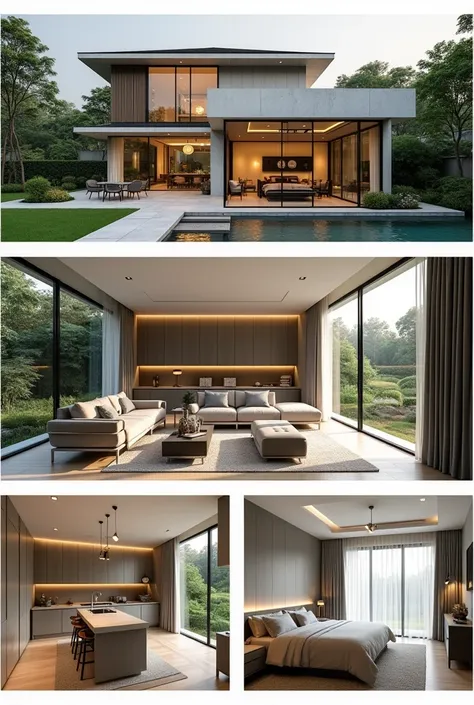 beautifully designed collage showing different aspects of a modern, ((modern home in viet nam)). The collage includes the following views: a two-story house exterior with a landscaped front yard, a bright and spacious living room with contemporary furnitur...