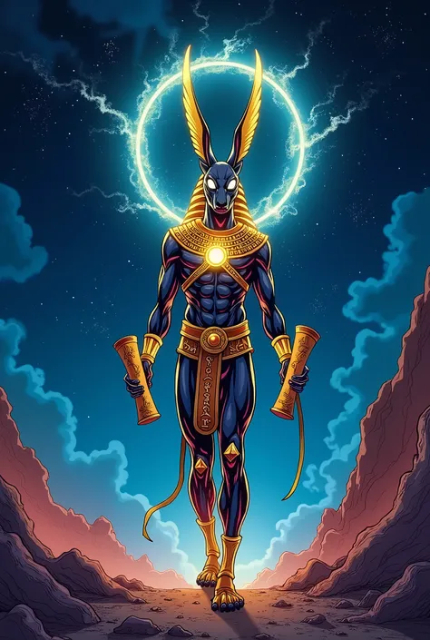 In a Pop Art Anime and Comic Book influenced Egyptian design, envision Anubis as a bioluminescent figure, with glowing jackal ears and empty, crystalline eyes radiating otherworldly aura. An epicenter of forcefields and fluroescent force, Anubis ignites a ...