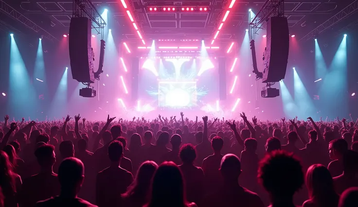 a large crowd of people dancing to EDM music, a massive LED screen behind them, endless white space, water splashing all over the stage