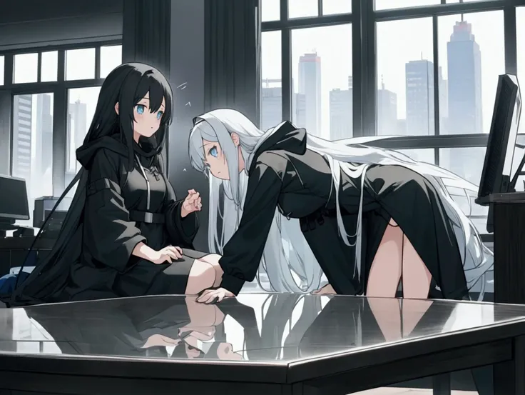 large room, glass wall background,  skyline tokyo,  large row of tables , full computer,  first girls , extremely long hair in black, hoodie white open , Blue eyes , black overknees,  no underwear,  in right hand a table,  second girl , very long hair in l...