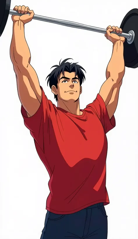 best quality, masterpiece, extremely detailed, 90s voltron art style, plain white background, handsome young man, middle parting curtain hair, wearing loose red tshirt, lifts barbell overhead, perfect fingers, perfect hands, perfection