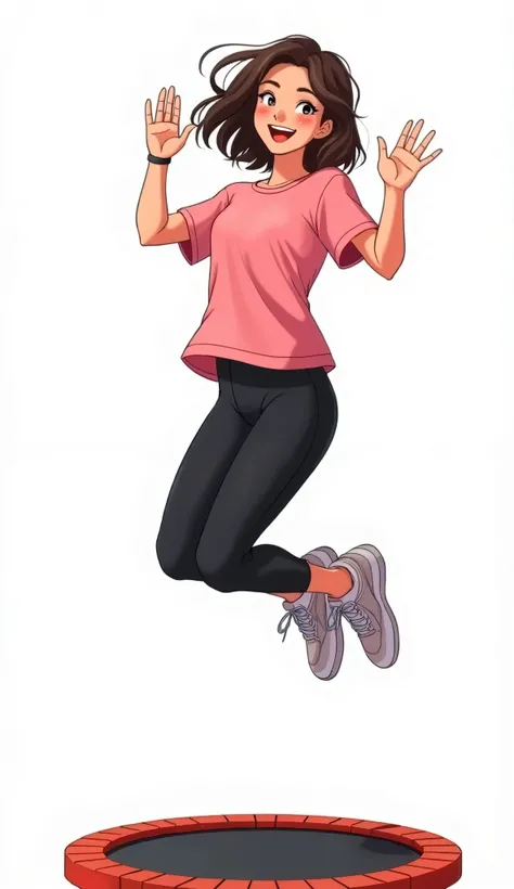 best quality, masterpiece, extremely detailed, 90s voltron art style, plain white background, young woman, wearing modest pink tshirt and black leggings, sports shoes, on small trampoline, extremely adorable pose, happy, pov from above, perfect fingers, pe...