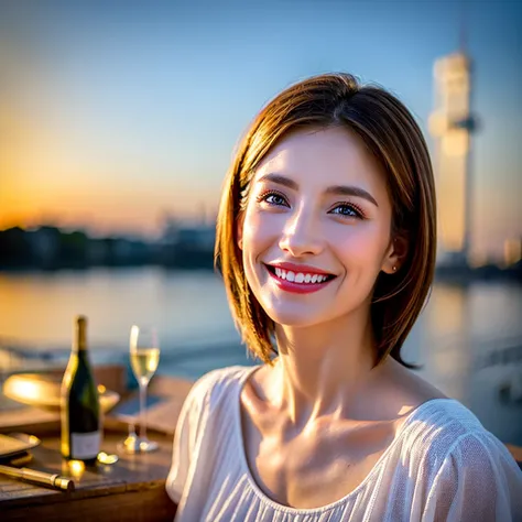 (Realistic, 超Realistic:1.4), 16K HDR, High resolution,((Wine Glasses)),(Wine bottle),((Champagne glasses)),Happy smile、short hair,The best smile、so beautiful(It looks like the real thing),actress、dress、red wine、White Wine、Sparkling wine、Slim couple、Model C...