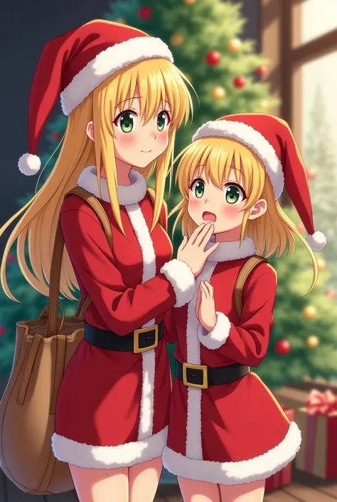 Anime Mother Daughter、Santa Claus Costume、I&#39;Not wearing pants。Drawstring bag、Round ass、twins, I&#39;m not wearing pants, have tanned skin and blonde hair.