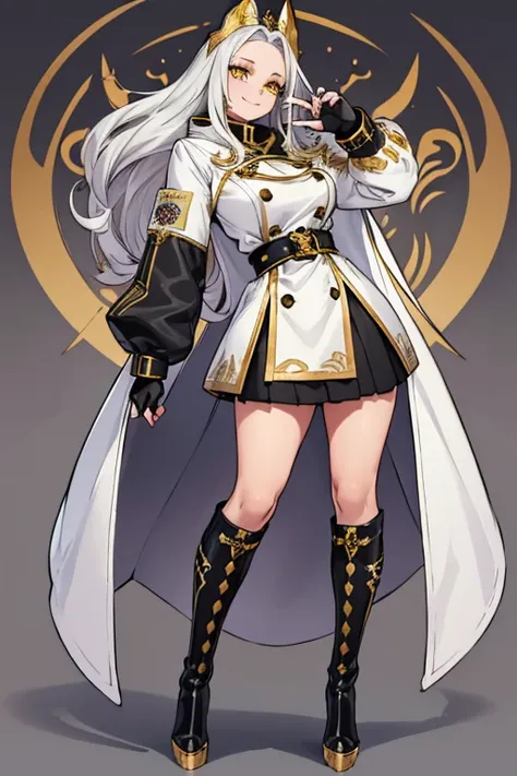 female, white long hair, yellow eyes, (((1girl))), (((silver coat with gold trim))), (black miniskirt), (black belt), (black fingerless gloves), (thigh heeled boots), cute and sexy, full body, big breasts, long legs, smiling