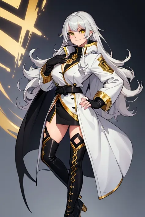 female, white long hair, yellow eyes, (((1girl))), (((silver coat with gold trim))), (black miniskirt), (black belt), (black fingerless gloves), (thigh heeled boots), cute and sexy, full body, big breasts, long legs, smiling