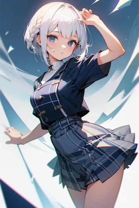 Short white hair, , Navy and white checked outfit、Braiding、Excellent