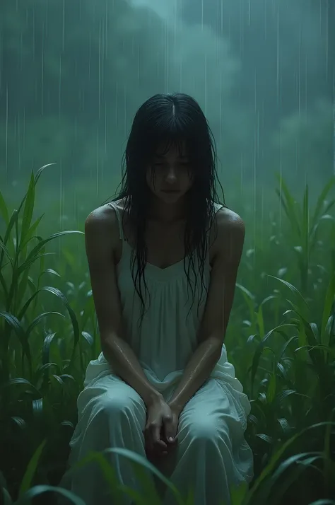 A sad indian girl in her twenties drenching in heavy rain sitting alone wearing a dress ...sitting in grass and thinking 
