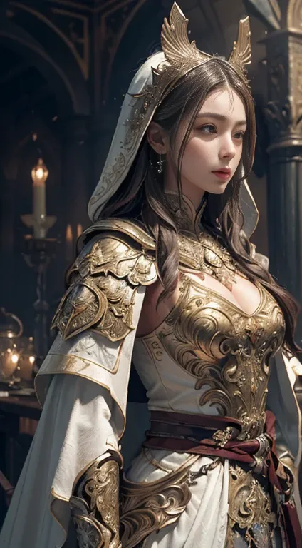 ((Masterpiece))), ((Best Quality))), ((Ultra Detailed)), (Surreal), (Highly Detailed CG Illustration), Cinematic Light, extreme Realistic, Very Beautiful Young Lady,charisma, high detail skin, Light Makeup, Intricate Details EABA, white Cloak, Swords,