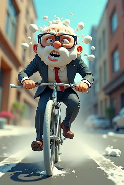 3D animation style, comical scene, man riding a bicycle with his head covered in foam, rushing at an insane speed, he has a toothbrush in his mouth and his mouth is covered in foam, he is wearing glasses, he is wearing a business suit, there is a bag in th...