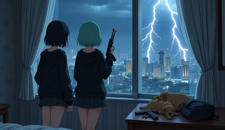 anime, Room , Window Osaka skyline,  wallpaper,  best quality,  two people,  Girl,  eine Girl hat schwarze Haare,  eine Girl hat mintegrüne haar , both have a black hoodie open , both have a very short pleated skirt, no underwear,  both have a sheep guard ...