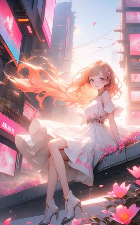 Hyper-detailed nano-textured futuristic cityscape in 8K resolution, showcasing intricate neon patterns and vibrant urban colors. The scene features a young girl with flowing orange hair perched on a skyscraper rooftop, her white dress contrasting sharply w...