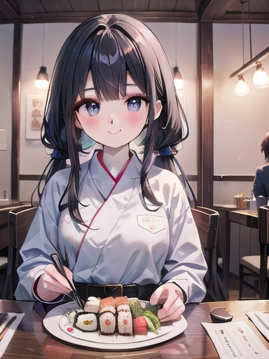 Smiling young woman holding a plate of sushi in a sushi restaurant。彼女はLong black hairを持っています、Wearing light blue casual clothing.、Grab your chopsticks and enjoy your sushi。On her plate、Colorful sushi rolls and nigiri sushi lined up beautifully。Other custome...