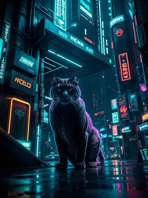 a close-up picture of a big cat in the futuristic cyberpunk neon tron world, cyberpunk city landscape, detailed intricate archit...