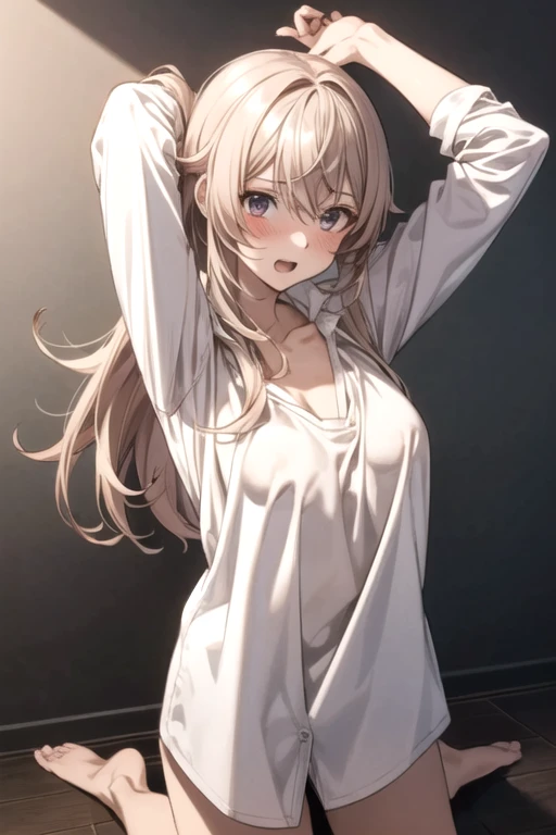 score_9,score_8_up, source_anime, 1girl, (molestation), full body, embarrassed, blush, open mouth, beige hair, long hair, fell over and breasts fell out of shirt, nipples, breasts, arms up,arms behind head, (pov), looking at camera