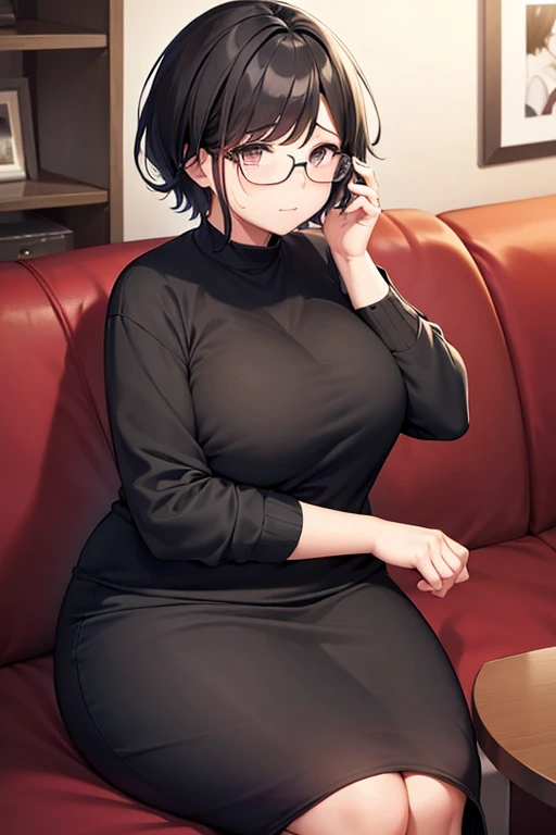 Chubby mature woman wearing glasses、Mother、Plain short black hair、Sitting on the sofa in the living room at night、Treated poorly, she looks sad and sheds tears.、solo、High resolution ,Highest quality、One woman, 