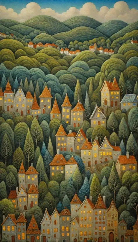 painting of a town with a lot of houses and trees, village in the woods, by camille bombois, jane newland, adrian borda, vdragan...